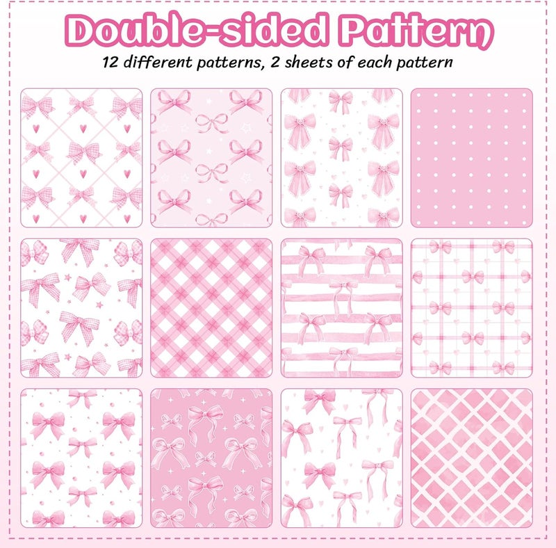 Feivando 24 Sheets Pink Bow Scrapbook Paper 12'' × 12'' Double-Sided Bows Pattern Paper Pink Plaid Decorative Decoupage Cardstock for DIY Card Craft Making Scrapbook Supplies - Image 3